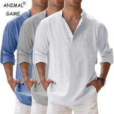 Men's Cotton Linen Henley Long Sleeve Shirt Casual Beach T-shirt Tee Summer Gift picture