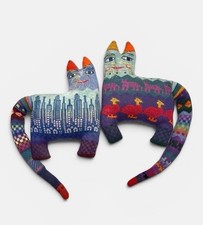 Pair Vintage 1986 Handloomed Wool Folk Art Cat Pillows Soft Sculptures Signed picture