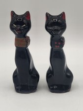 Vintage MCM Black Cat Salt & Pepper Shakers Skinny Set Halloween Japan Polka Dot picture