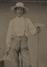 1860s Antique Tintype Photo Occupational Farmer Man Holding Hoe & Seed Sack picture