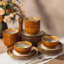 LERATIO 24pc Ceramic Dinnerware Set for 8 Stoneware Plates Bowls Kahki Handmade picture