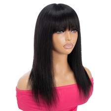Human Hair Straight Wig with Bangs, Glueless Brazilian Remy, 18‘’ 2.75x1 Lace Sc picture