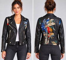 BLANKNYC Women’s XS Black Faux Leather Moto Jacket Embroidered Palm Tree Beaded picture