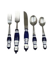 Rosenthal 5 pc Grill Blue Place Setting Stainless Porcelain Flatware Silverware picture