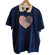 Vintage Heart T-Shirt Womens XL Blue Patchwork 90s Cottage Granny Collar Preppy picture