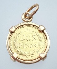Fine Vintage Mexican Solid 21K 18K Gold Dos Pesos Coin Pendant Necklace 1945 picture
