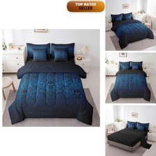 Damask Gothic Victorian Queen 7 Piece Comforter Set Navy Blue Black Sugar Skull picture