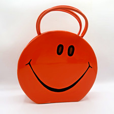 VTG 1970s Mod Tolin MFG Co Orange Patent Happy Face Rnd Novelty Handbag Case USA picture