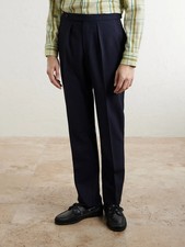 New Drake's London Navy Cotton Drill Single Pleat Trousers Pants Size 32 IT 48 picture