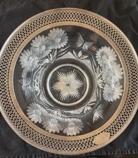 Antique Bowl Sterling Silver Rim Cut Glass Crystal Reticulated Pierced Floral picture