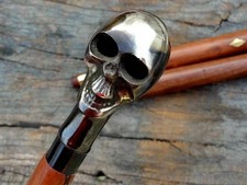 Gothic Skull Handle Walking Stick Polished Brass Vintage Style Wooden Cane Gift picture