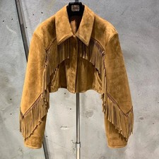 Women's Fringe Suede Leather Jacket Cropped Western Biker Retro Cowboy Style picture