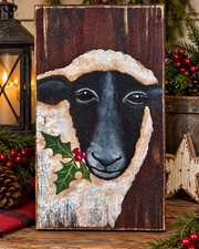 Primitive Sheep Christmas Holly Hand Painted Reclaimed Wood Wall Decor picture