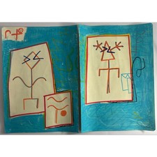 Original Abstract Neo-Expressionist Art Set of 2 Oil Pastel Blue Geometric 8x11 picture