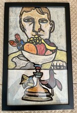 E. J. Hartmann Signed Framed 1973 Abstract Modern Portrait Painting 24 x 15” picture