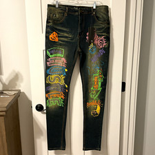 Switch Men's Blue Dark Wash Skinny Slim Denim Jeans Graphic Print Painted 38 picture