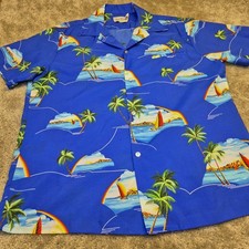 Vintage Bai Nani Hawaiian Button Down Shirt Mens Large Blue Sailboat Palm Trees picture