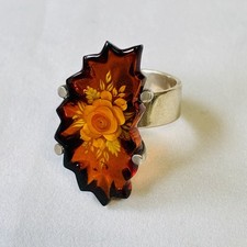 Vintage Amber Cocktail Ring Floral Intaglio Carved Statement Jewelry US 8 picture