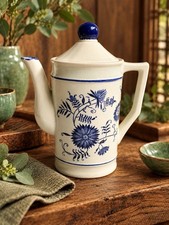 Vintage Cobalt Blue Floral Ceramic Coffee Pot w Lid Cream Cottage Decor 7” picture