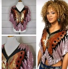 Vtg 70s 80s Sequin Butterfly Top As Seen On Beyonce Pink Bronze Silk Disco Shirt picture