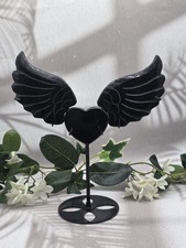 Black Obsidian Angel Wings Heart Carving on Adjustable Metal Stand Crystal Decor picture