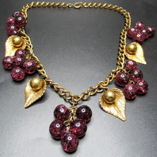 MIRIAM HASKELL Early Unsigned Purple Crackle Glass Brass Leaves Vintage Necklace picture