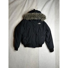 VTG The North Face HyVent Down Bomber Jacket Black Faux Fur Hood Y2K Womens M picture