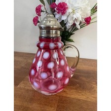 Antique Cranberry Opalescent Glass Coin Dot Syrup Pitcher Hinged Lid Victorian picture