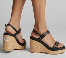 Chanel 20C Black Leather CC Chain Platform Sandal wedge  US 7.5  EU 38.5 picture
