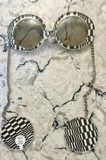 1970s VINTAGE JE-DOL BLACK WHITE CHECKER SUNGLASSES & MOD CHAIN DANGLE EARRINGS picture