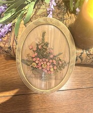 Rare 1970s VTG Dried Flower Shadow Box Oval Pinecone Frame Bubble Glass Wall Art picture