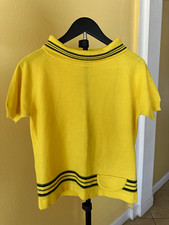 Vintage 60s 70s Yellow Knit Mod Top Striped Mock Neck Short Sleeve Retro picture