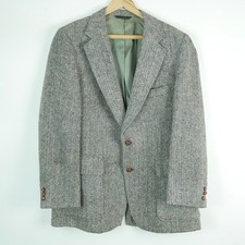 Vintage Scottish Harris Tweed Grey Herringbone Wool Blazer est 40R 44x30 Preppy picture