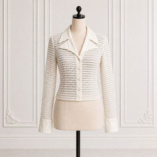 Cache Y2K White Textured Sheer Blazer Pointed Collar French Cuff Medium picture