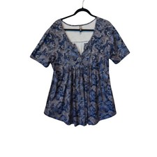 Allegrace Blue Paisley Babydoll V-Neck Short Sleeve Tunic Top 1X Plus Size picture