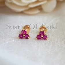 0.52 Ct Natural Ruby Trio Stud Earrings 14K Yellow Gold Minimalist Jewelry Gifts picture