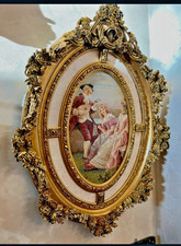 Vintage French Rococo Ornate Gold Frame Tapestry Oval Wall Hanging Art Decor picture