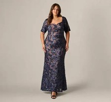 Papell Studio Navy Blue Rose Gold Sequin Embellished Mesh Gown Size 20W $219 picture
