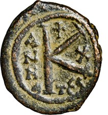 BYZANTINE Maurice Tiberius AE Half Follis Thessalonica 591 AD Sear 509 Coin picture