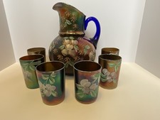 Rare Vintage Northwood Amethyst Hand Painted “Cherries” Pitcher & Tumbler Set picture