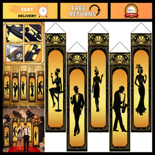 5 Pcs 1920s Roaring 20s Party Decorations - Black Gold Hanging Banners Set picture