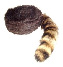 Davey Crockett Coonskin Cap Real Fur Tail Raccoon Brown Coon Daniel Boone Hat  picture