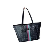 MCM Black Visetos Stripe Tote Bag - Rare Pink & Teal Racing Stripe & Dog Charm picture