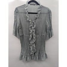 NY Collection Gray Crinkle Pleated Ruffle Blouse V-Neck Size L XCGB0460 picture