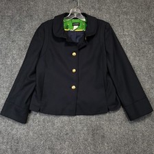 J Crew Blazer Women 4 100% wool Navy Blue Gold Logo Buttons Long Sleeve Ventless picture