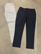 2x New ZARA Men’s Fitted Stretch Blue and Gray Plaid Pants size M picture
