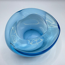 Vintage MCM Blue Art Glass Bowl Ashtray Folded Rim Mid Century Catchall Dish picture