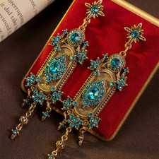 Vintage Victorian Style Teal Crystal Dangle Earrings Gold Tone Ornate Statement picture