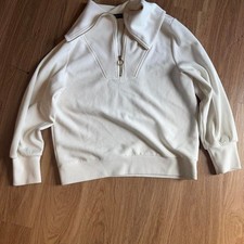 Merokeety White Ribbed Quarter Zip Pullover Ring Pull Sweater Medium picture