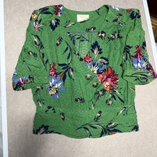 Maeve Anthropologie Green Floral Asymmetric Button Jacquard Top Blouse Womens M picture